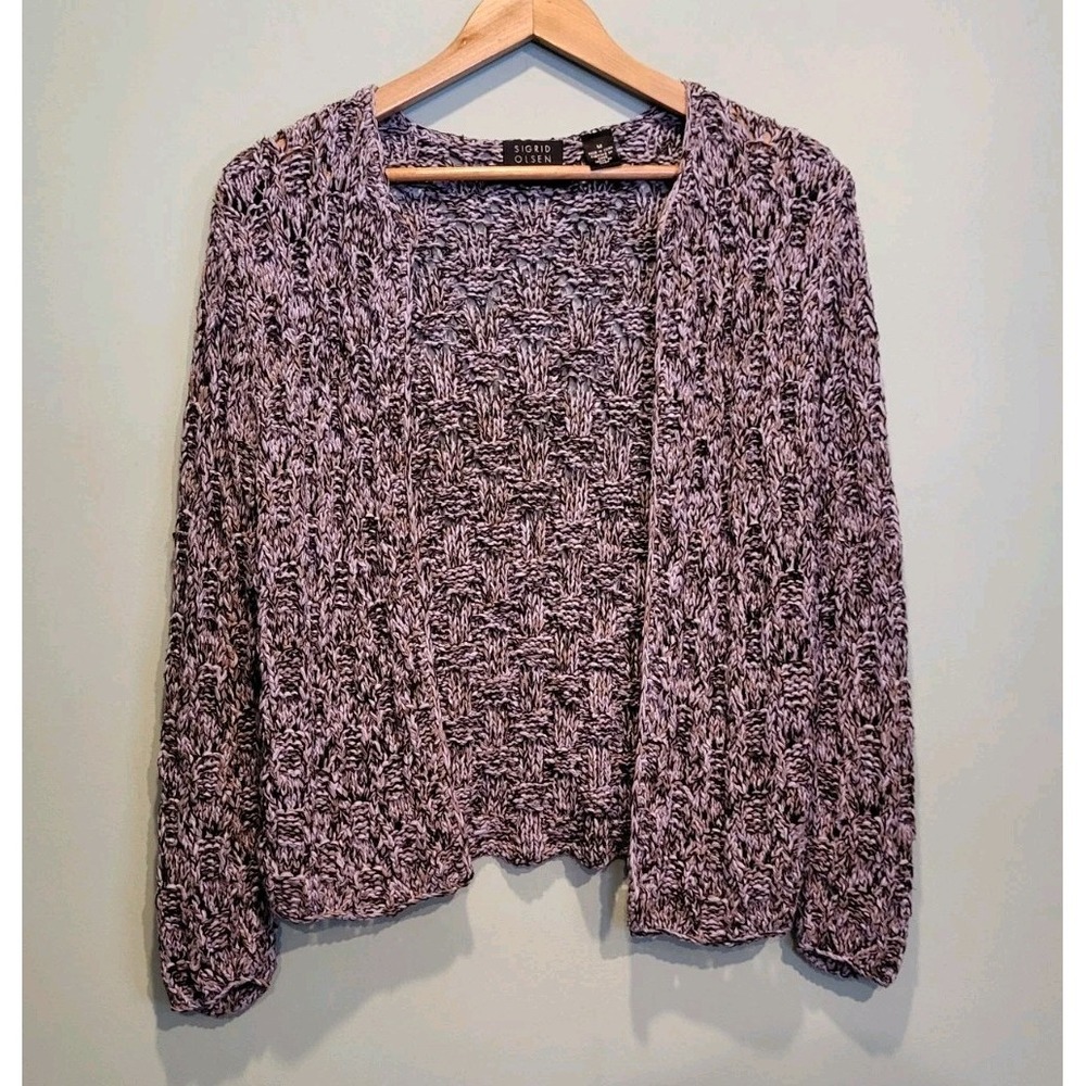 Sigrid Olsen Silk Blend Handknit Open Cardigan Sweater Black Gray Blue Sz M